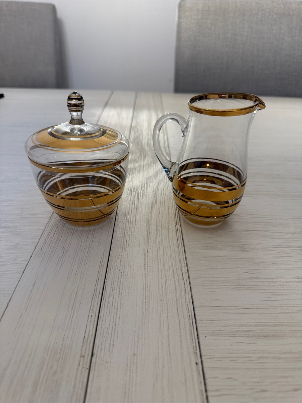 Amber-Trim Glass Creamer and Lidded Sugar Jar